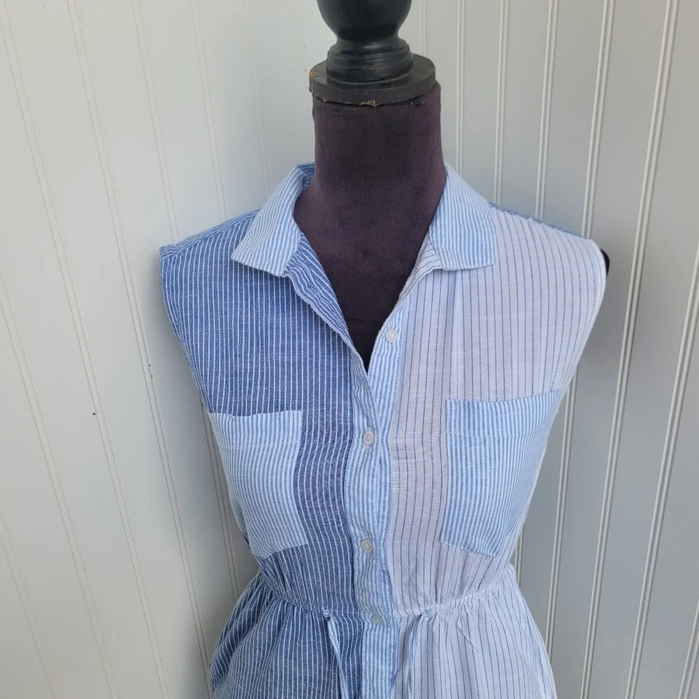 Japna Women's Dress Blue White Striped Sleeveless Elast Waist Shirt Button Sz XS - Picture 12 of 13